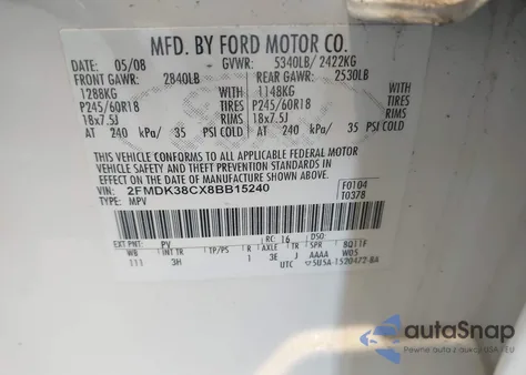 2008 Ford Edge Sel из США, поврежденный, VIN 2FMDK38CX8BB15240